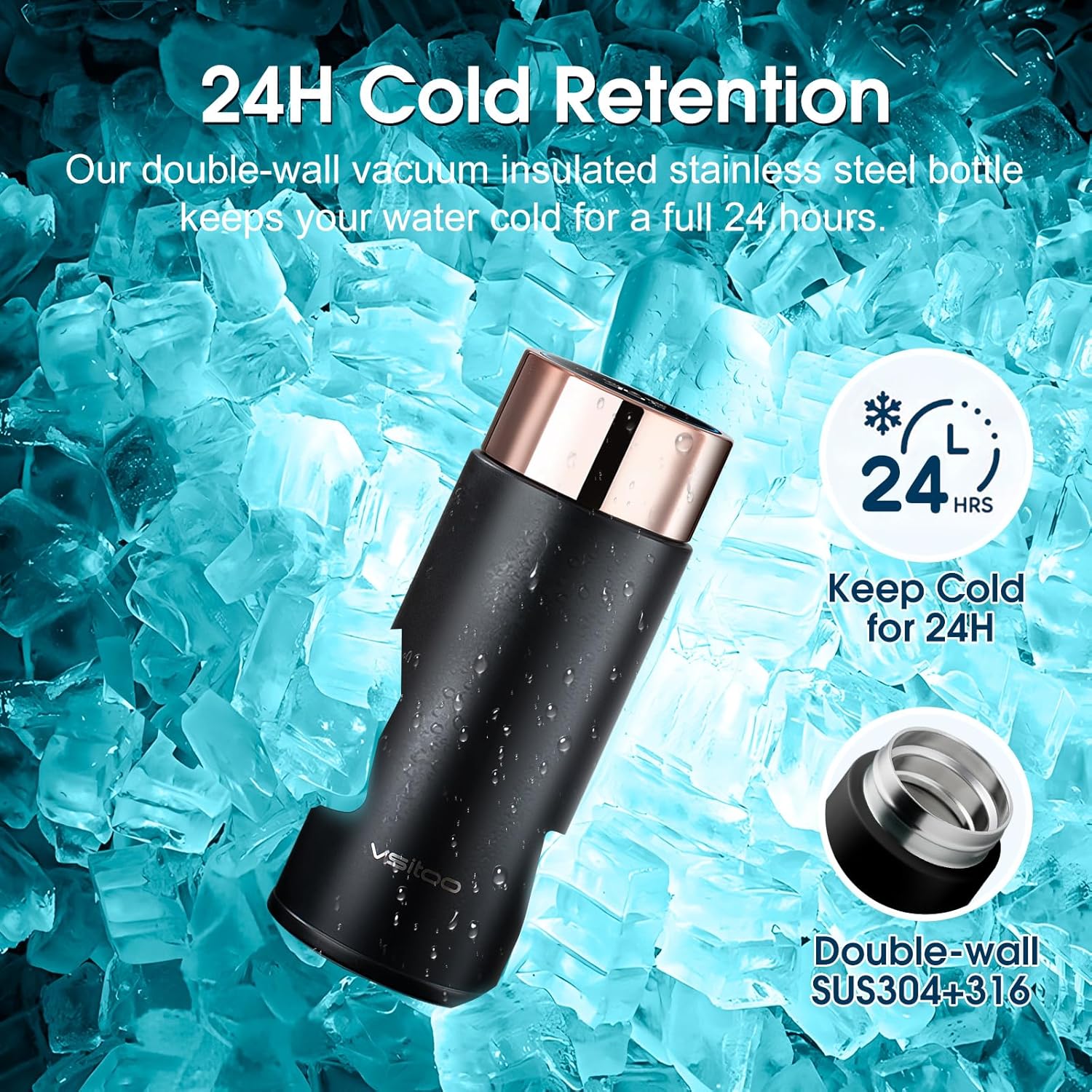 Vsitoo Smart self cleaning Insulated Water Bottle, 8.5oz Stainless Steel Vacuum Flask, AI Self-Clean, 30-Day Battery Life, BPA-Free, Magnetic Charging, Portable Travel Mug Gifts for Men Women, Black