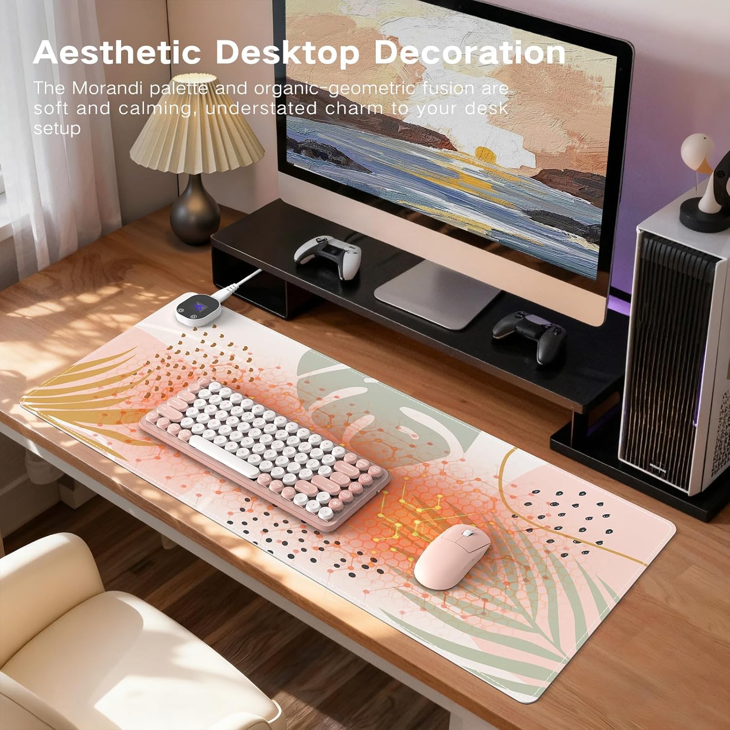iCasso Heated Mouse Pad, XL Big Desk Pad with 4 Heating Levels & 4 Auto Shut-Off Levels for Computer Keyboard, 31.5" x 13" Large Safe Desk Mat Hand Warmer for Home Office Work (Morandi)