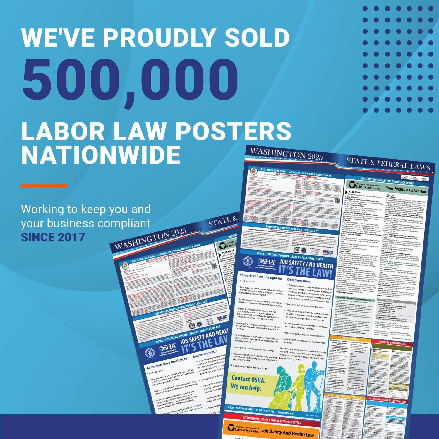 2025 Washington State and Federal Labor Law Poster - OSHA Workplace Compliant - Mandatory Regulations Posting for Employees - All-in-One Required Compliance Posting 16" x 40" - Laminated (English Poster)