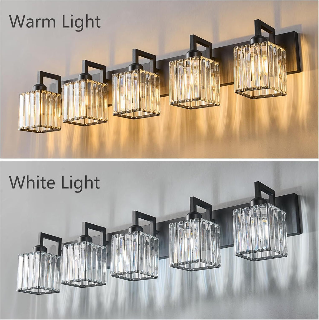 Black Bathroom Light Fixture, 5-Light Crystal Vanity Lighting, Bathroom Lighting Fixtures Over Mirror, Modern Crystal Wall Lamp