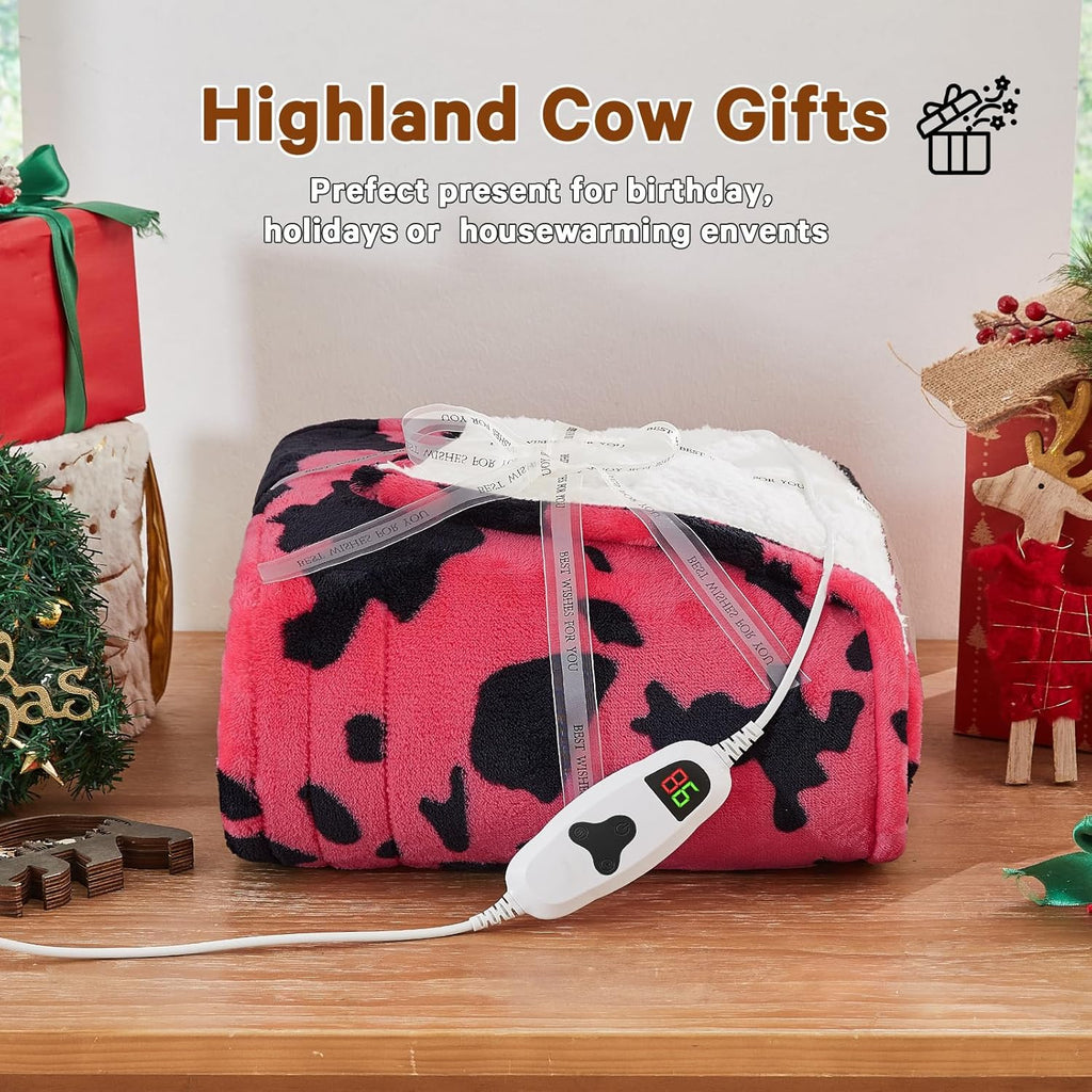 Cow Print Heated Electric Blanket Throw,50X60 Pink Heating Blanket with 10 Heats Levels & 8 Hours Auto Off,Highland Cow Decor Stuff Fleece Sherpa Blankets Warmer Gifts for Women Adults Washable