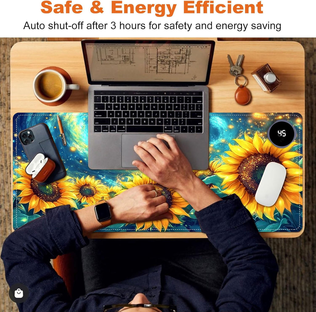 Heated Mouse Pad for Desk 31.5" x 13" – PU Leather Warm Desk Pad with 3 Heat Levels (104°F/113°F/122°F), Plug-in Electric Heating Mat with Auto Shut-Off, Waterproof & Rollable, Starry Sunflowers