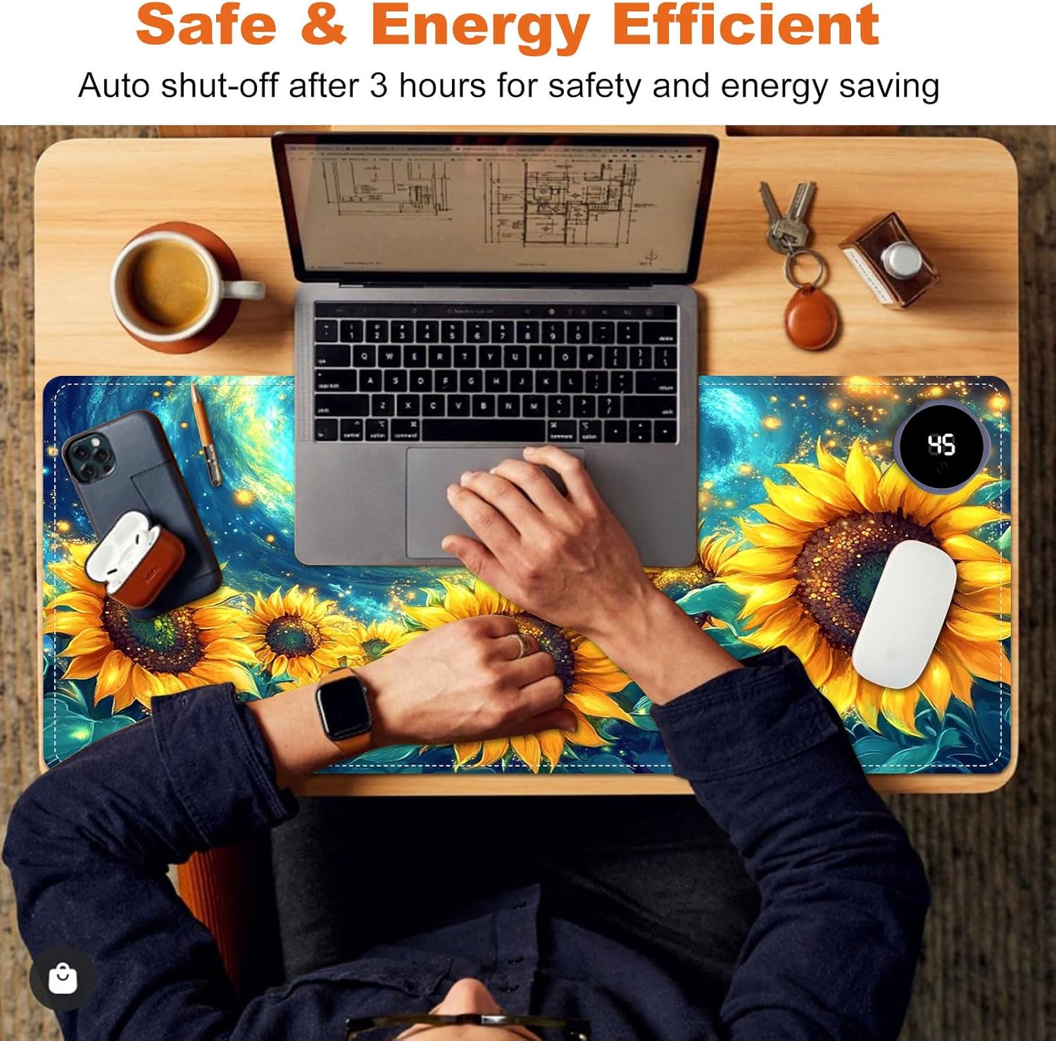 Heated Mouse Pad for Desk 31.5" x 13" – PU Leather Warm Desk Pad with 3 Heat Levels (104°F/113°F/122°F), Plug-in Electric Heating Mat with Auto Shut-Off, Waterproof & Rollable, Starry Sunflowers