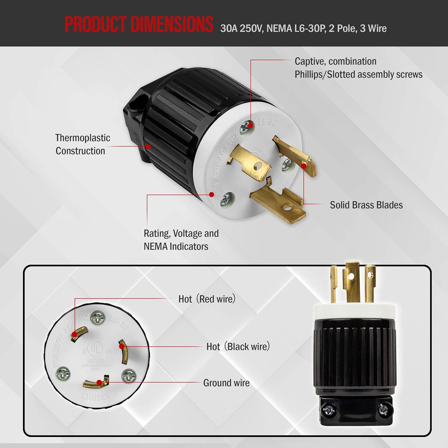 ENERLITES NEMA L6-30P Locking Plug Connector for Generator, Twist Lock Male Plug, 30 Amp, 250 Volt, 2 Pole, 3 Wire Grounding, Industrial Grade Heavy Duty, UL Listed, 66461-BK, Black