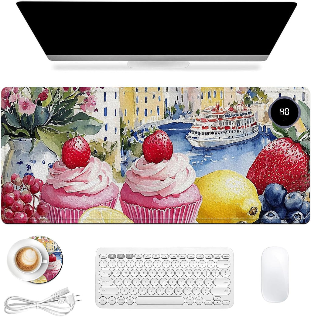 Heated Mouse Pad 31.5x13 in 3-Temp Fast Heating Desk Mat with Auto Timer Warmer for Hands Wrist Pain Relief Waterproof Keyboard Mat for Office, Gaming, Home, Sweet Treats Garden