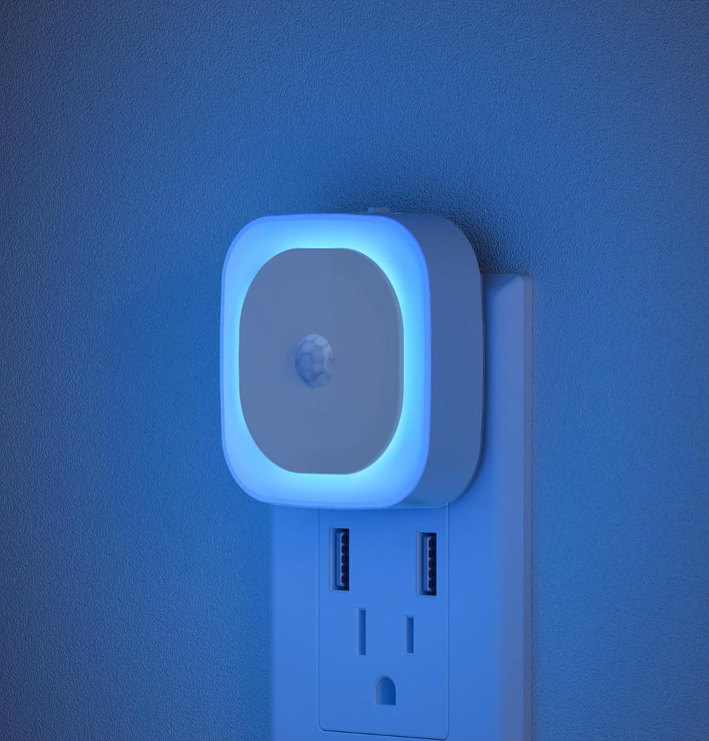 2 Pack Plug in Night Light with Motion Sensor & Dusk to Dawn Sensor, 3 Sensor Modes, Auto ON/Off, Dimmable, Night Lights Plug into Wall for Bathroom, Kitchen, Adults, Indoor, Light Blue