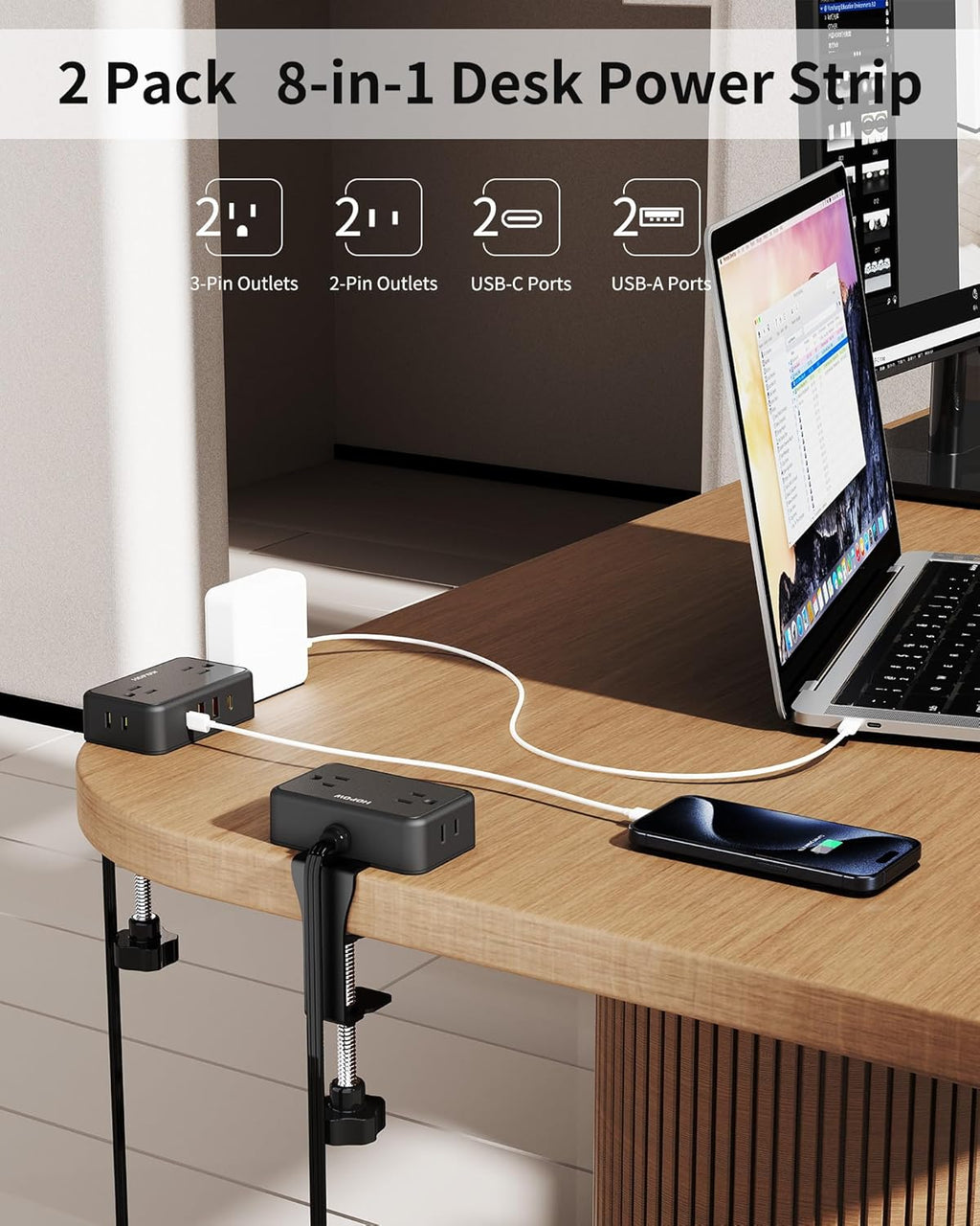 Desk Clamp Power Strip, 2 Pack Desktop Mount Charging Station with 4 Outlets 4 USB Ports (2 USB C), 10Ft Under Desk Power Strip, Fits 2.75" Tabletop Edge, Extension Cord for Home Office, Black