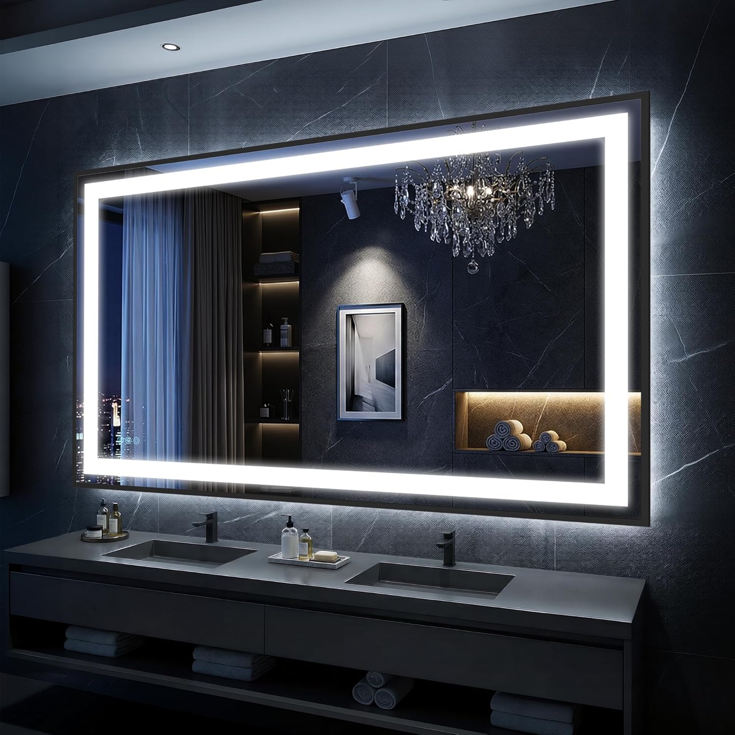 Antok 55X40 LED Bathroom Mirror with Lights, Vanity Mirror for Wall with Black Frame, Touch Control, Anti-Fog, Dimmable Lights, Shatter-Proof, Memory Function, Wall-Mounted Vanity Mirrors