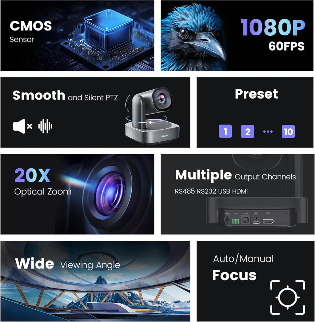 PTZ Camera with 20X Optical Zoom HDMI/USB3.0 Wide View Angle 1080P for Video Conference Meeting Church Live Streaming Education Works with Zoom Webex OBS YouTube Red Dot Design Winner