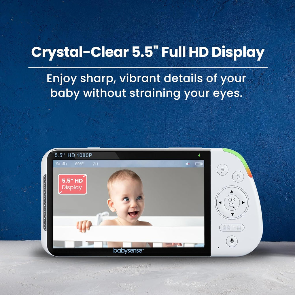 Babysense Full HD 5.5" Split Screen Baby Monitor with Camera and Audio, 6-Color Night Light, White Noise, Sound & Light Machine, 20-Hour Battery, Hack-Proof Non-WiFi Secure Connection