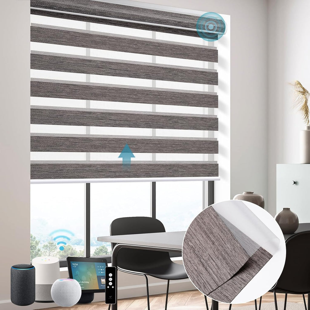 SmartWings Motorized Zebra Shades Compatible with HomeKit, Alexa SmartThings Google, Remote Control Light Filtering Sheer Shades, 85% Blackout Roller Shade, Smart Home/Office, River Stone, Customized