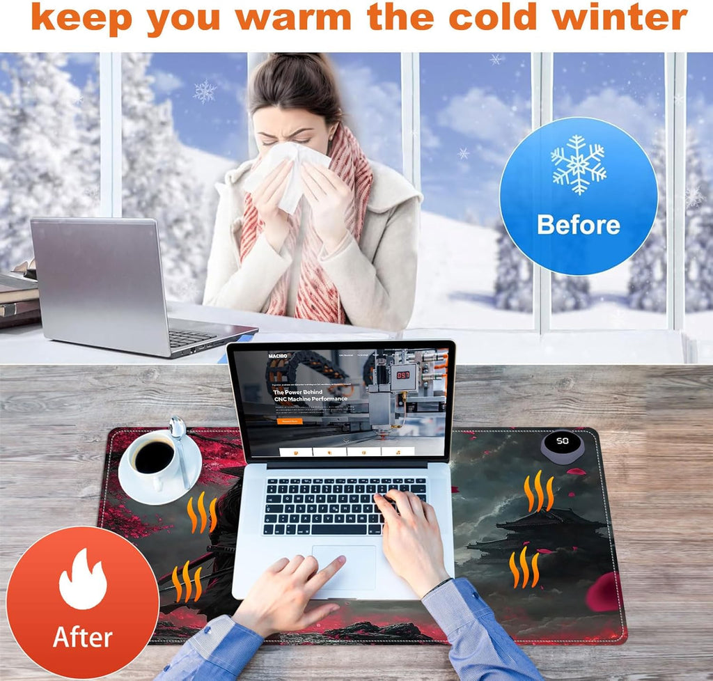 Small Heated Desk Pad 23.6" x 14.2" – Compact Electric Mouse Pad with 3 Heating Levels, Auto Shut-Off, Waterproof PU Surface, Plug-in Warmer for Office or Home Use, Samurai
