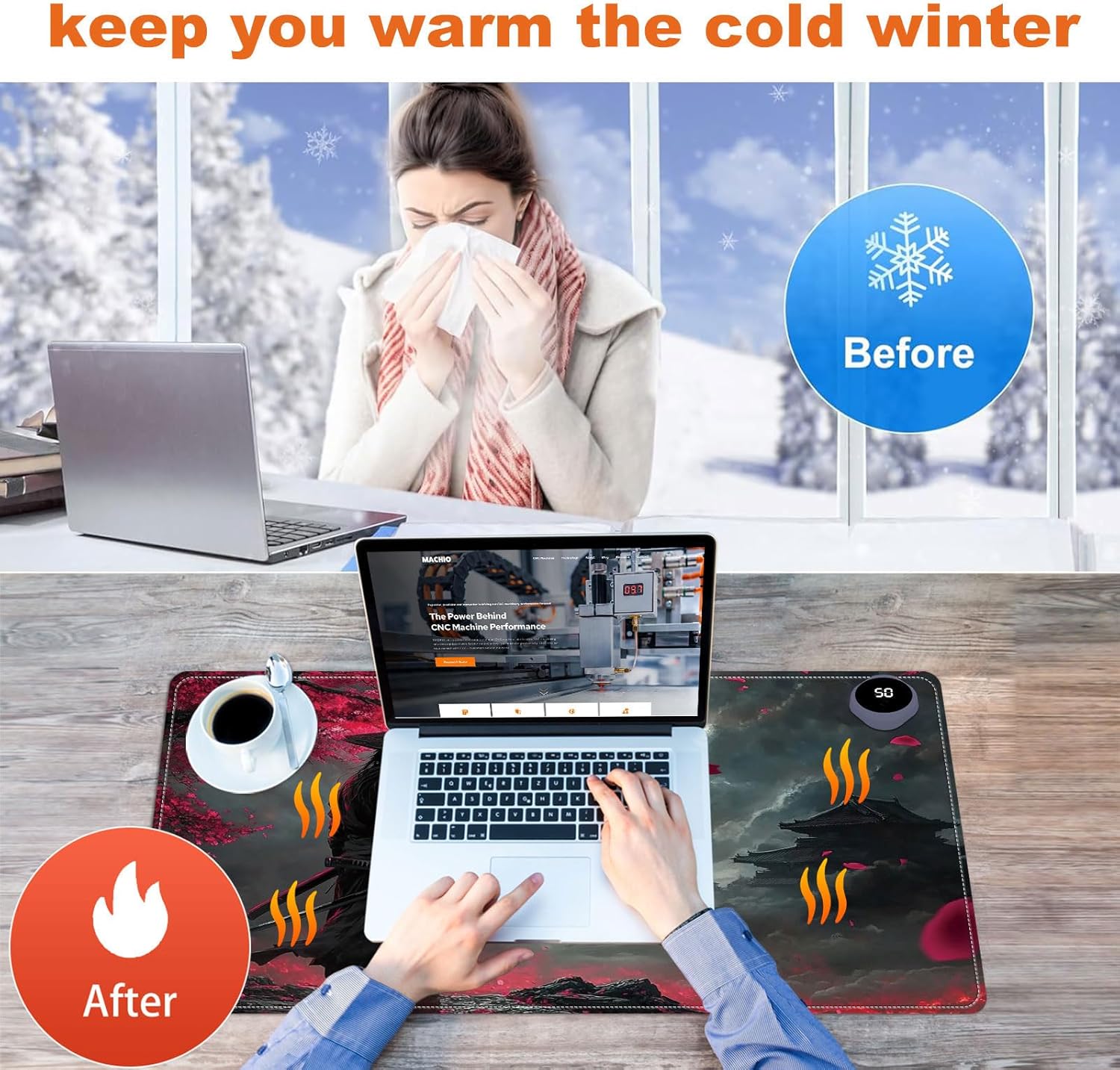 Heated Mouse Pad for Desk 31.5" x 13" – PU Leather Warm Desk Pad with 3 Heat Levels (104°F/113°F/122°F), Plug-in Electric Heating Mat with Auto Shut-Off, Waterproof & Rollable, Samurai