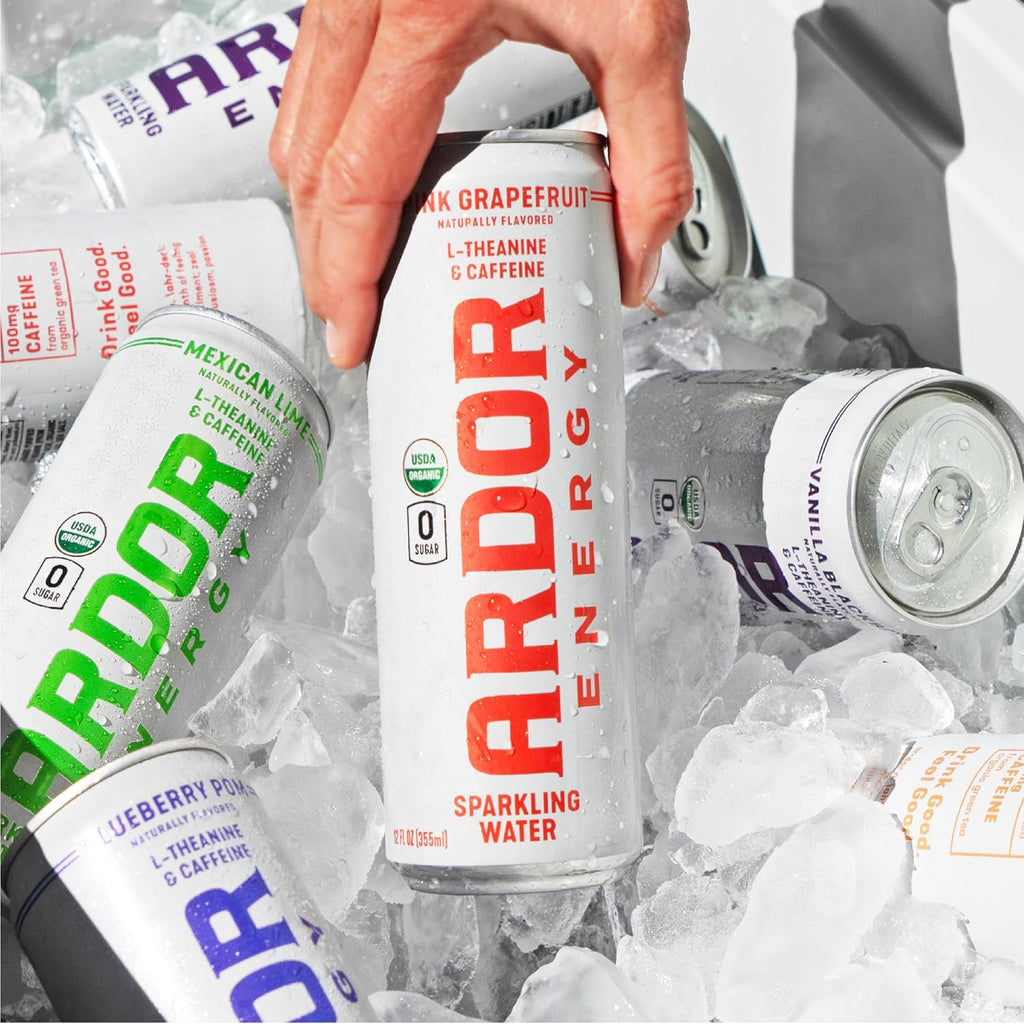 ARDOR ENERGY Sparkling Water with 100mg Natural Caffeine & 200mg L-Theanine from Organic Green Tea for Smooth Energy & Focus | Healthy Energy Drink | No Sugar, Zero Calories, Vegan, Gluten-Free | Pink Grapefruit (Pack of 12, 12oz cans)