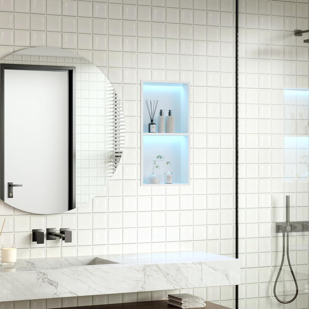 Stainless Steel Shower Niche 12" X 24", No Tile Needed Wall Niche with RGB Led Light, Recessed Shower Shelf for Bathroom Storage Over Mount Installation, Matte White