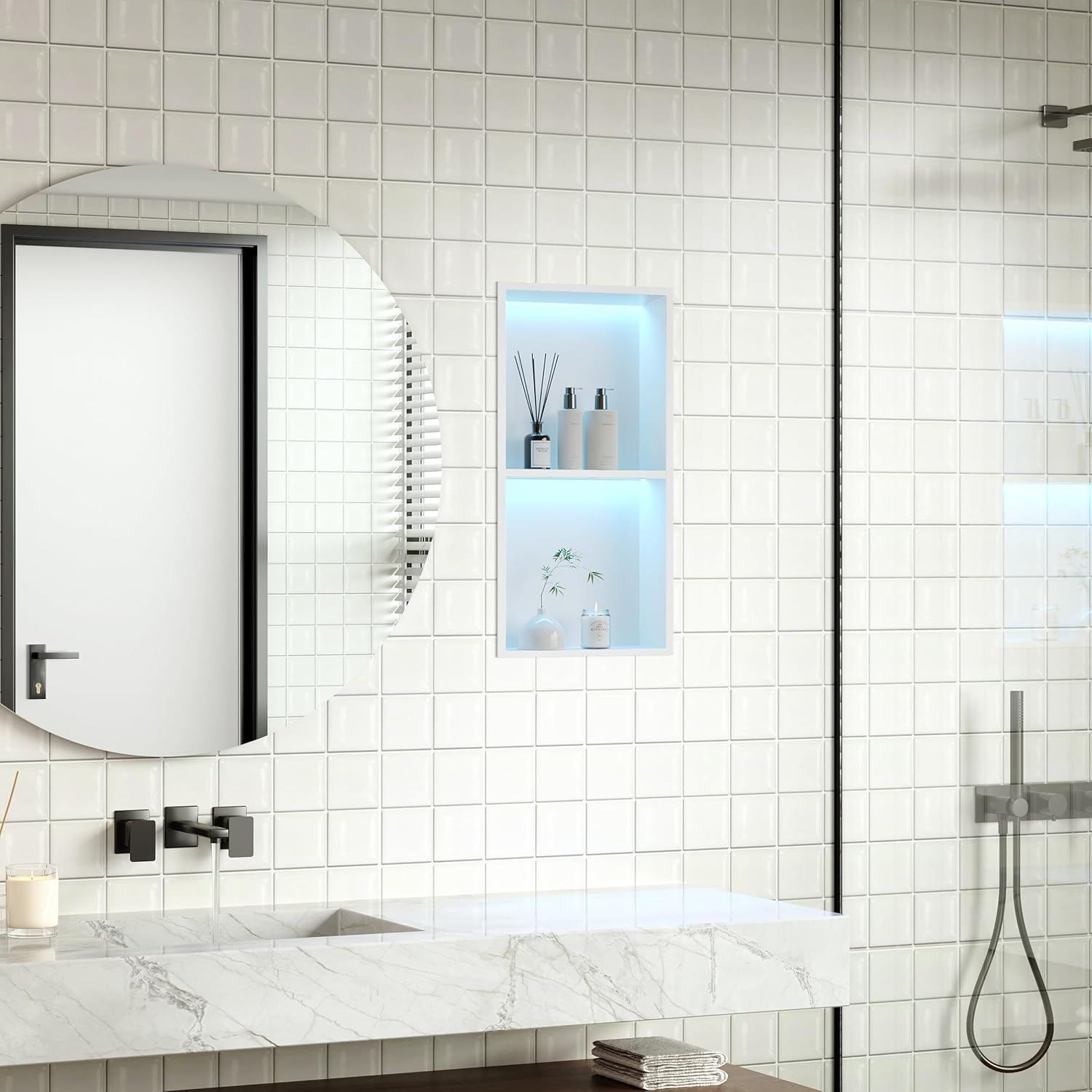 Stainless Steel Shower Niche 12" X 24", No Tile Needed Wall Niche with RGB Led Light, Recessed Shower Shelf for Bathroom Storage Over Mount Installation, Matte White