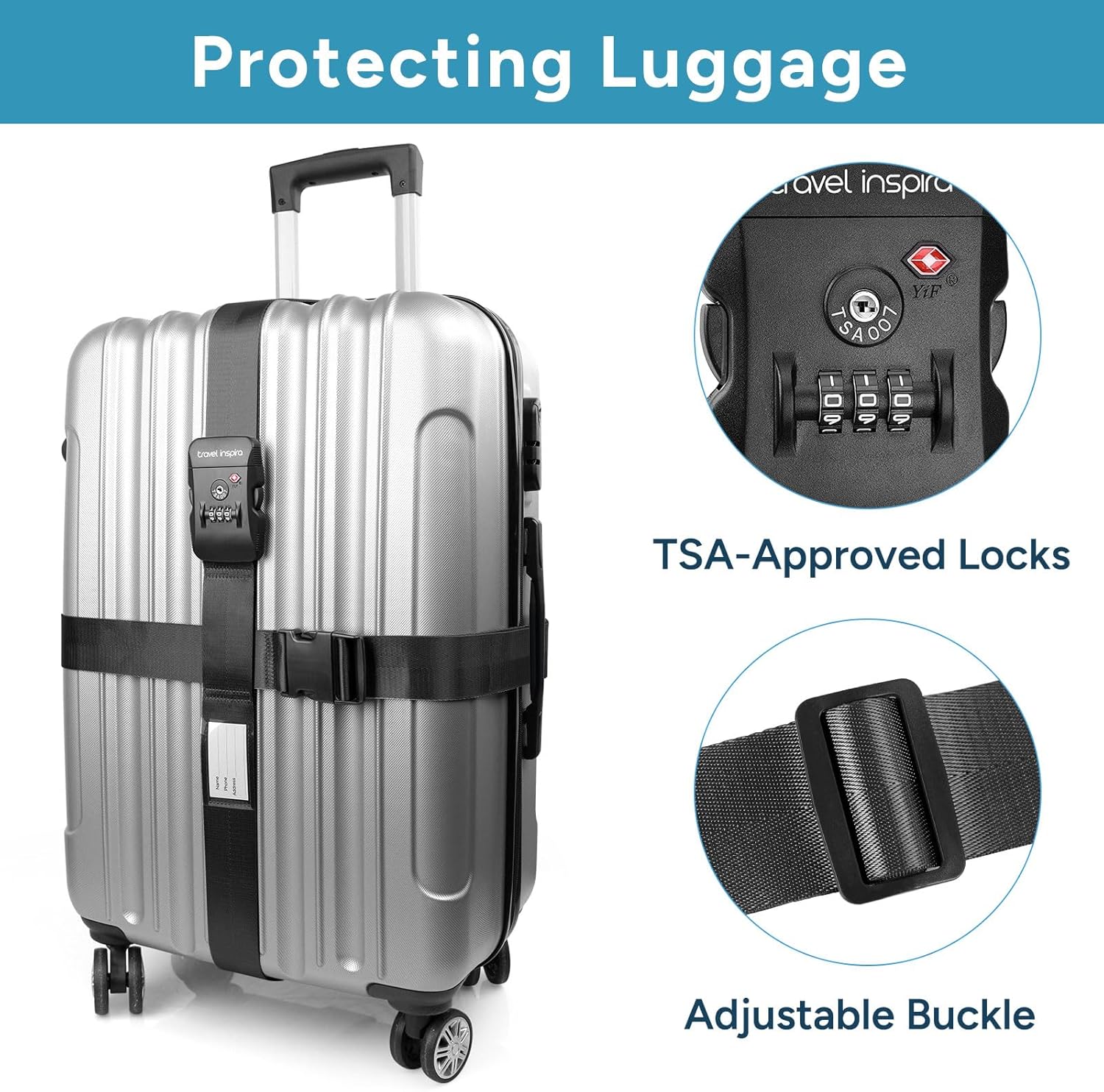 Travel Inspira TSA Lock Luggage Straps for Suitcases | Anti-Burst Protection, High Visibility Color, Easy Identification | Adjustable Heavy-Duty Belt for 20-32 Inch Suitcases