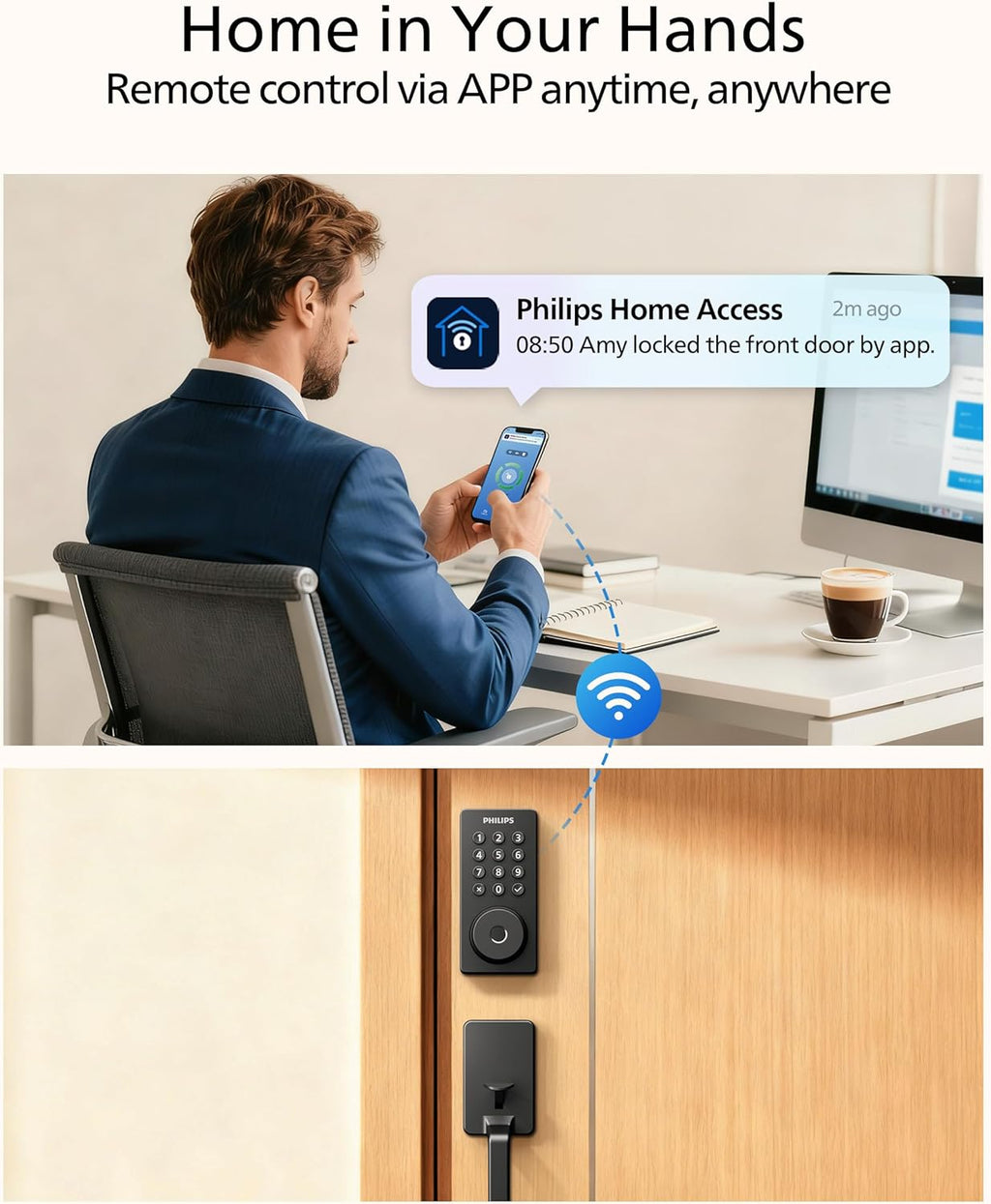 Philips Wi-Fi Smart Door Lock Deadbolt with Handle Set, Keyless Entry Door Lock for Front Door Set, Portable Fingerprint Door Lock with App Control, IP53 Waterproof, Auto Lock, Alexa Voice Control