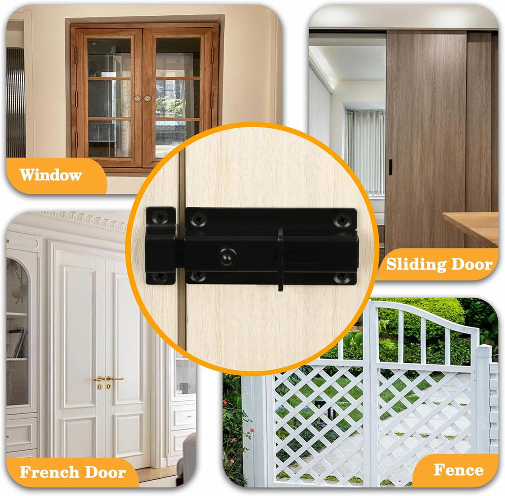 Alise Slide Bolt Gate Latch,Spring-Automatic Barrel Bolts Latches Safety Door Lock,Gate Hardware for Inside Door Fence Toilet Barn Pet Doors,Stainless Steel Black Bolt Latches,MS3000-B
