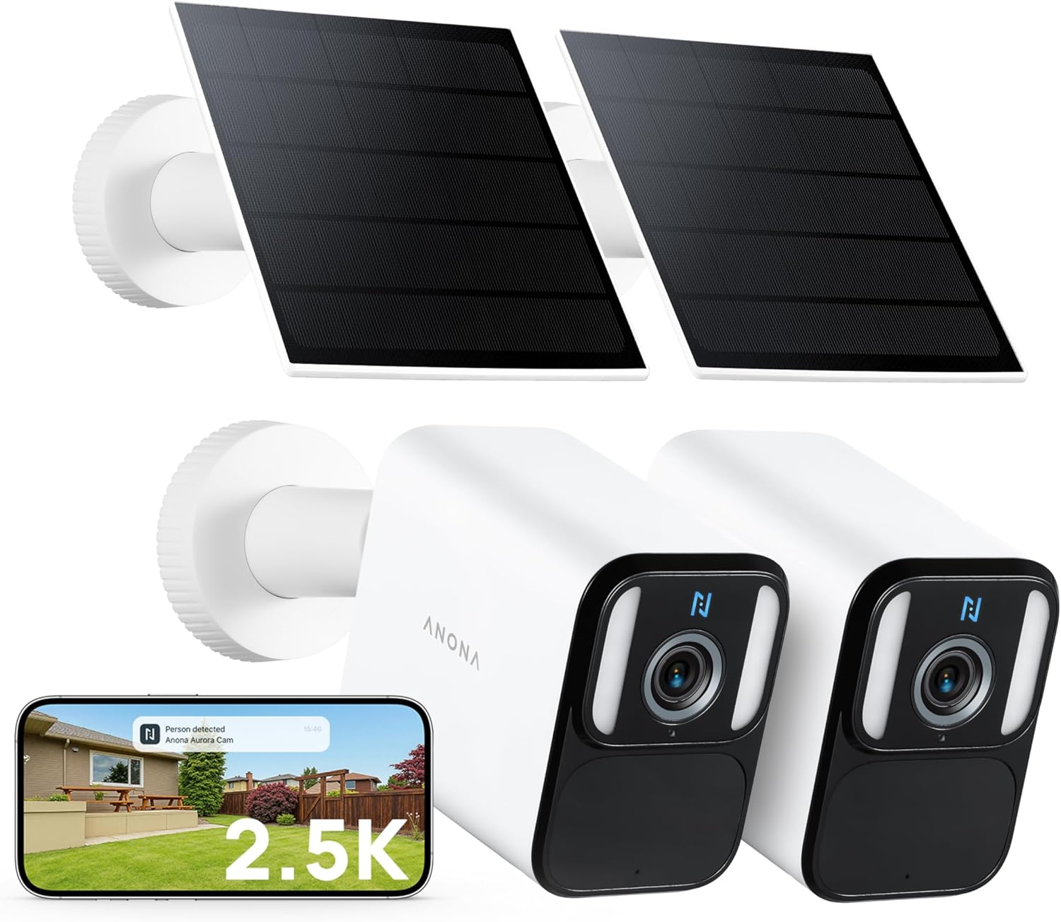 Anona Lucio 2.5K Security Camera Outdoor Battery Wireless with Solar Powered, Color Night Vision & 138° FOV, Multi-Object Detection, No Hub Needed, Two-Way Audio, IP67, 2 Pack