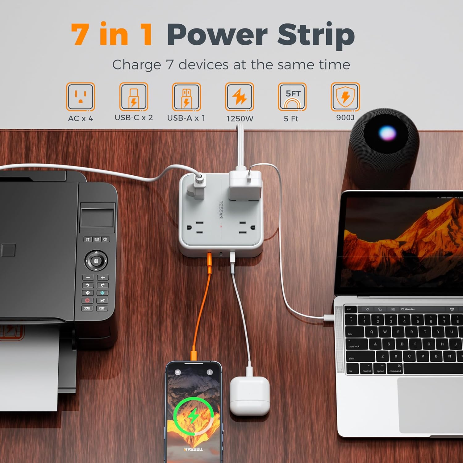 TESSAN Surge Protector Power Strip with 3 USB (2 USB C) 4 Outlets, Flat Plug Extension Cord 5 Ft, 900J Surge Protection, Multiple Charging Station with Power Switch for Home, Office, Dorm Room, Gray