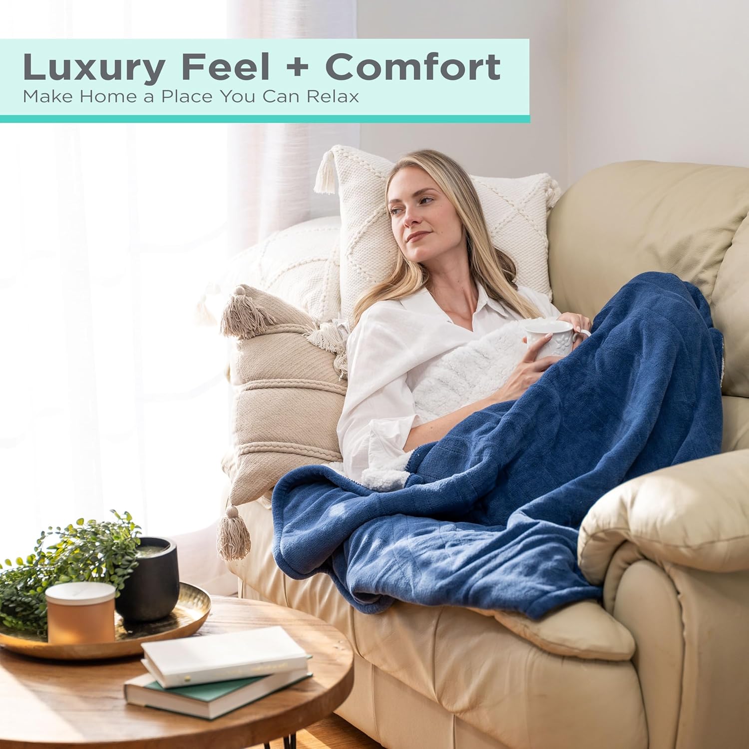 BLACK+DECKER Heated Blanket Electric Throw, Faux Shearling Electric Blanket, Heating Blanket with 4 Heating Levels, 3H Timer, Auto Shutoff, Fast Heating (50x60 inches, Navy)