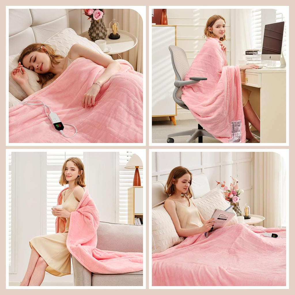 Electric Blanket Twin 62"84" - Premium Cosy Soft Electric Blanket with 6 Heating Levels, Fast Heating Flannel Sherpa Blanket for Bed & Couch - Auto Shut Off/Machine Washable Blanket (Pink)