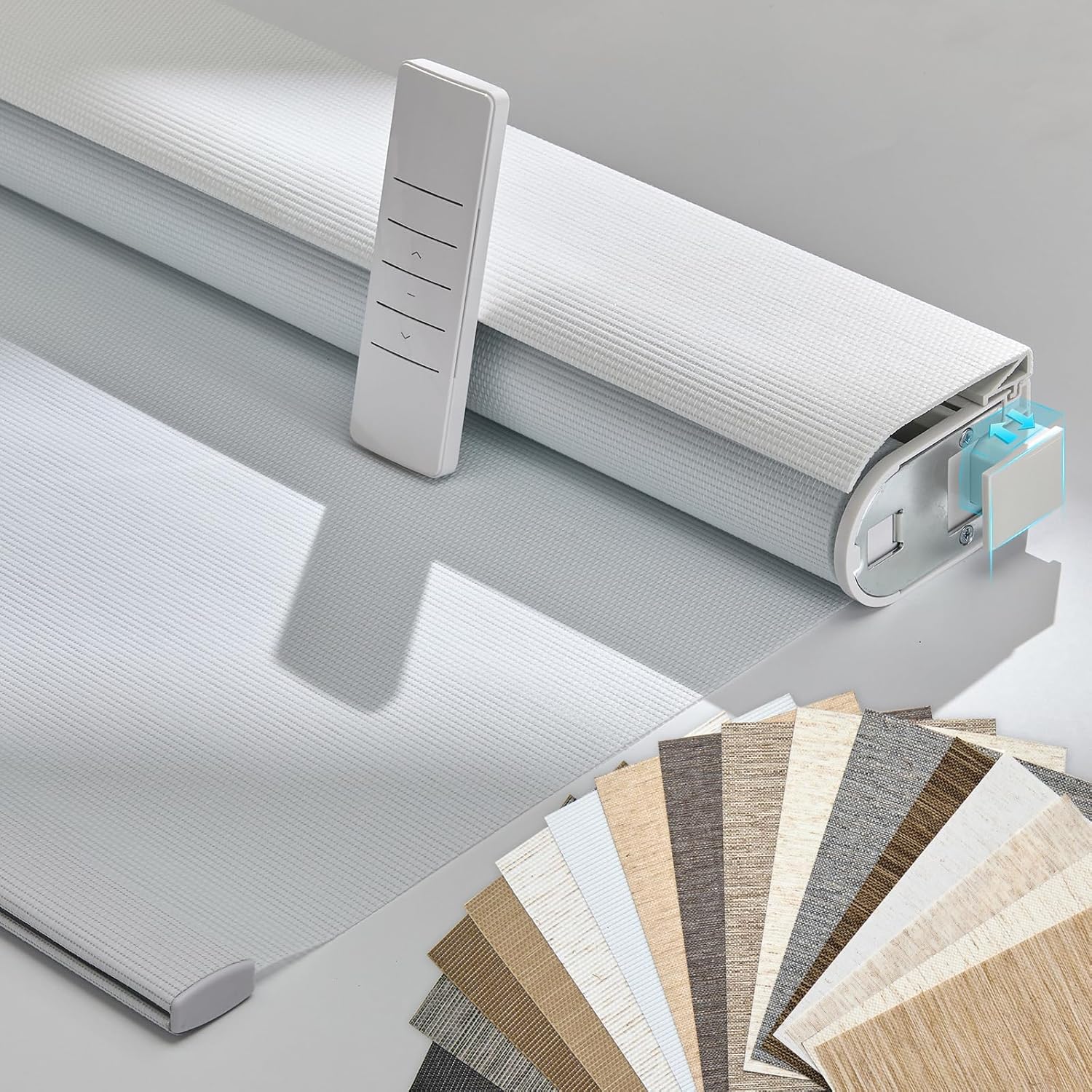 Persilux Smart Motorized Blinds with Remote, No Drill Automatic Roller Shades for Indoor Windows, Light Filtering Linen Fabric, Electric Blinds for Windows, Weave Swan C162-1, Custom Size