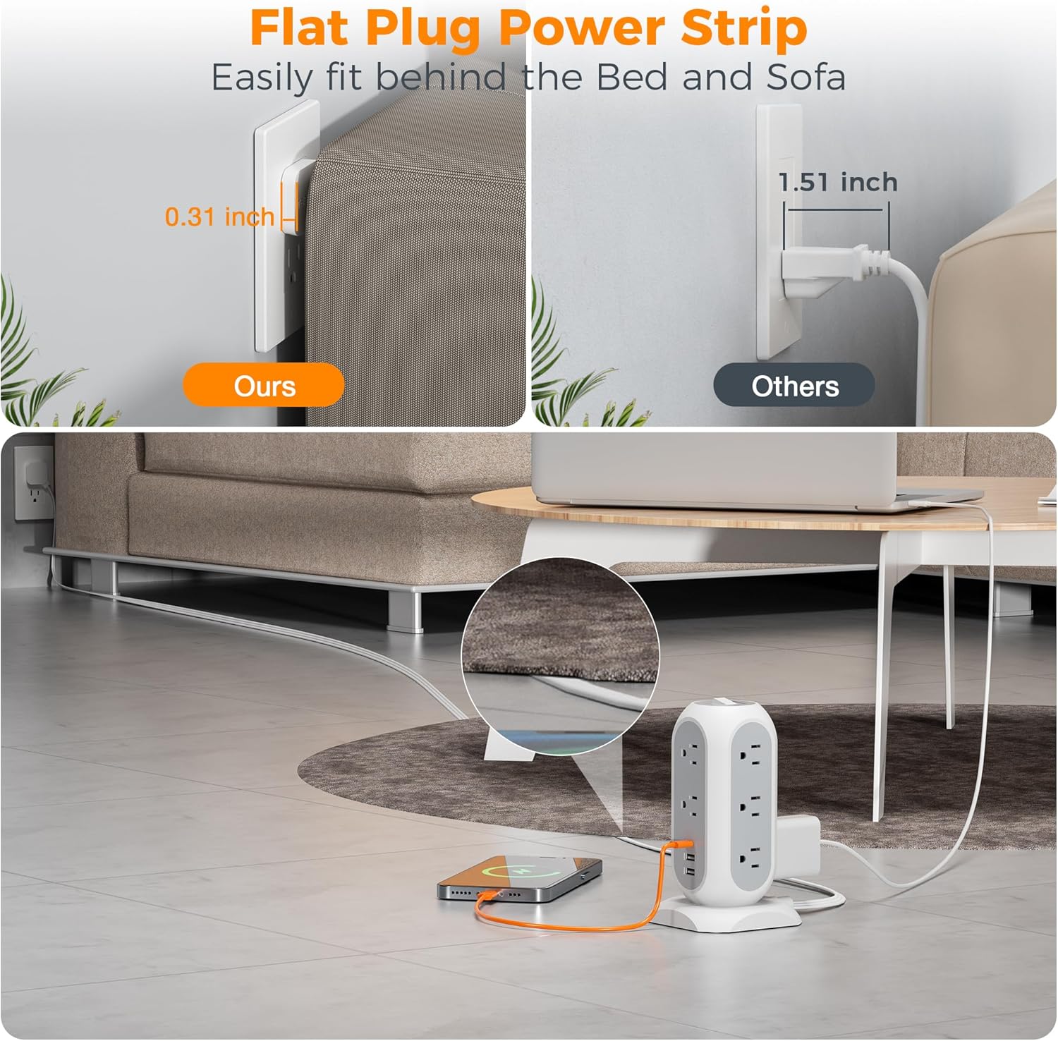Surge Protector Power Strip Tower 10 Ft, TESSAN Flat Plug Extension Cord with 11 AC Multiple Outlets 3 USB Ports (1 USB C), 1050J Desk Charging Station for Home, Office Supplies, Dorm Room Essentials