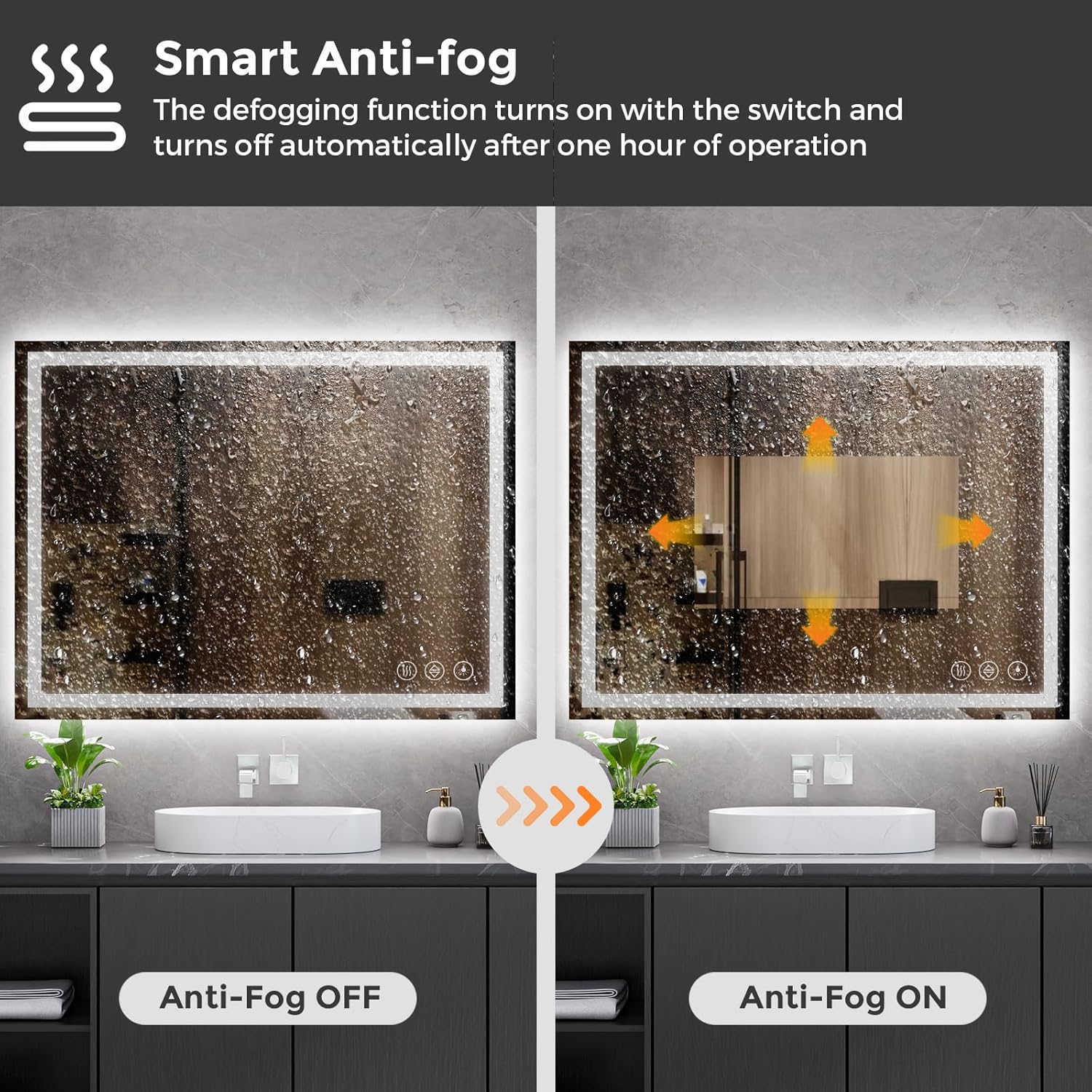 Koonmi 36x48 LED Bathroom Mirror, Backlit + Front Lit, LED Bathroom Mirror with Lights for Wall, 3 Colors, Anti-Fog, Dimmable Brightness, Memory Function, Tempered Glass
