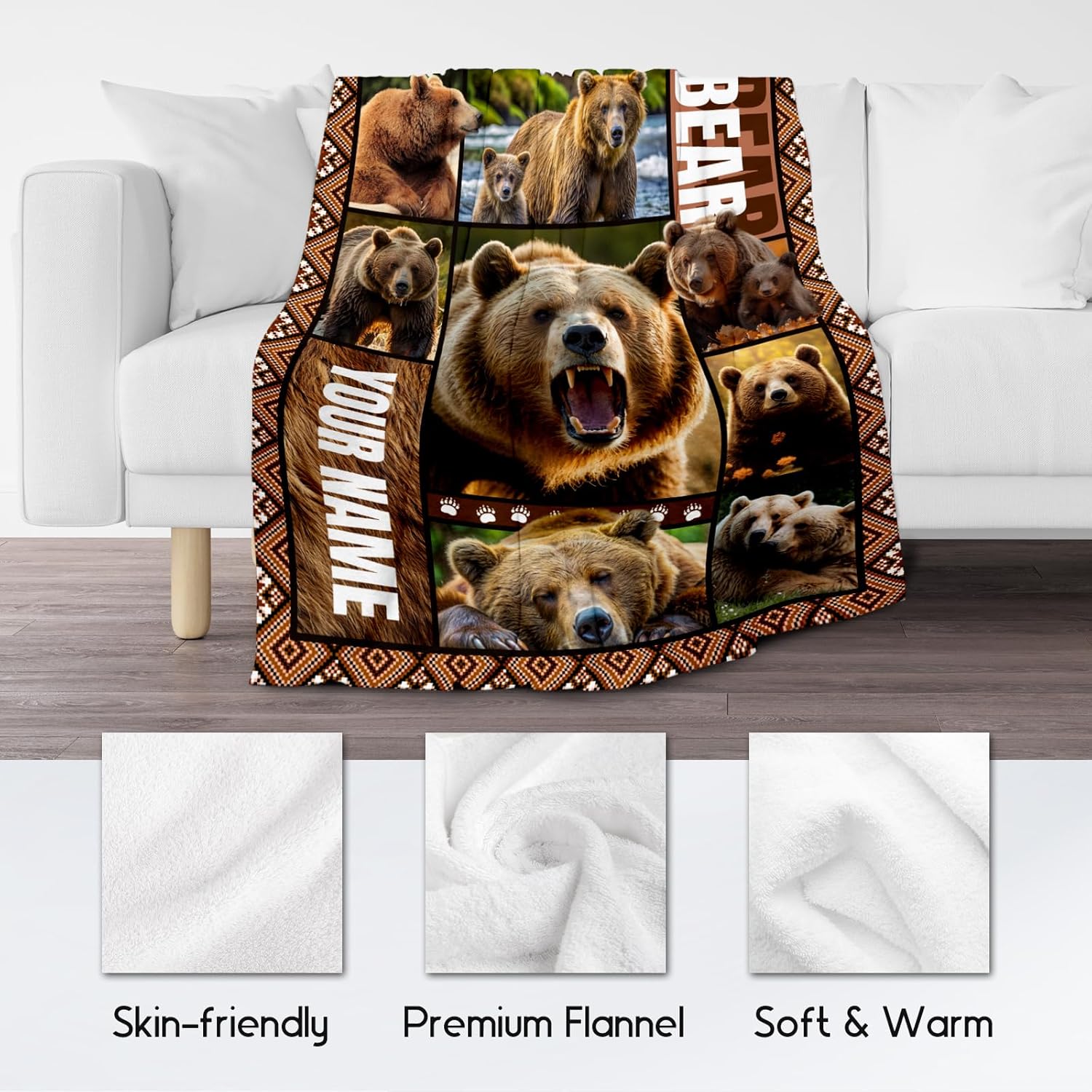 Personalized Blankets for Dad, Custom Bear Blanket Gifts for Men Boys Adults, 50"x60" Forest Animal Throw Gift for Hunters - Soft, Fuzzy & Cozy Flannel Throws Wildlife Country Decor