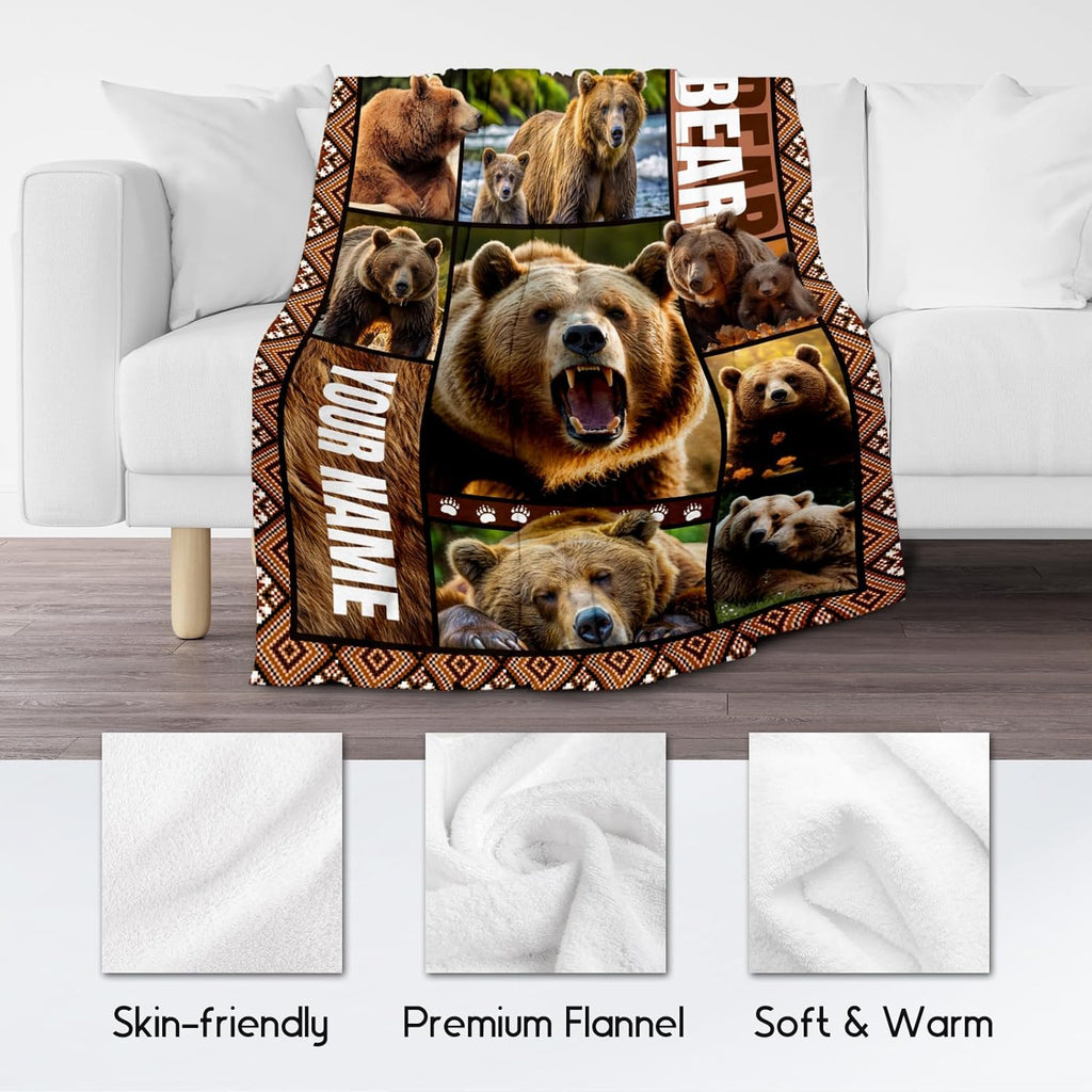 Personalized Blankets for Dad, Custom Bear Blanket Gifts for Men Boys Adults, 30"x40" Forest Animal Throw Gift for Hunters - Soft, Fuzzy & Cozy Flannel Throws Wildlife Country Decor