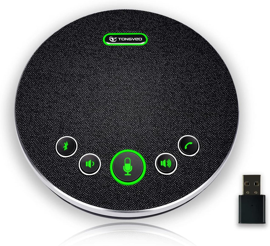 TONGVEO Bluetooth Speakerphone Conference Microphones, Wireless Conference Speaker 360°Voice Pick up with 4 AI Noise Cancellation Mics USB/Dongle/Bluetooth Connection 8 Hour Call Time for 8-12 People