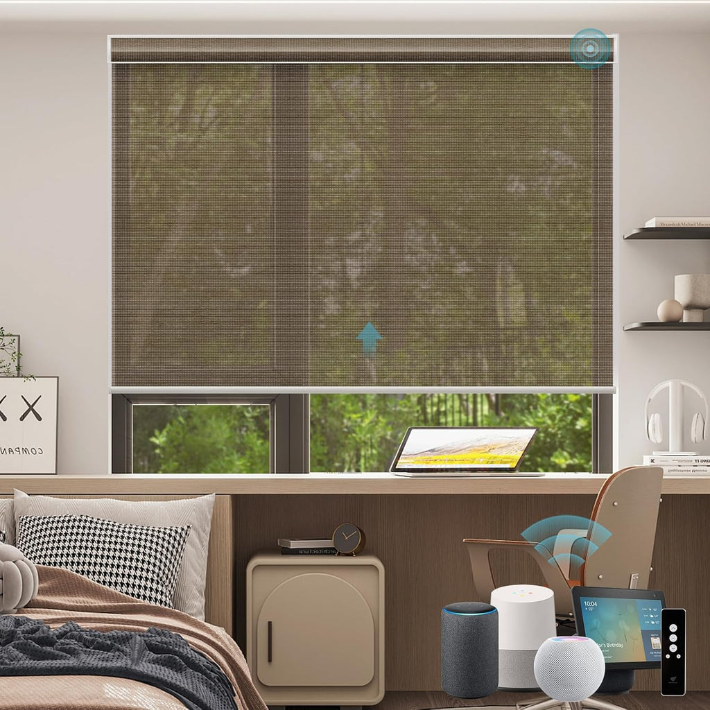 SmartWings Motorized Smart Blinds for Windows in Light Filtering, Electric Remote Roller Shades Compatible with Alexa/Google Home/Homekit, Custom Up to 110”W x 148”H, 5% Openness PVC Free Cocoa