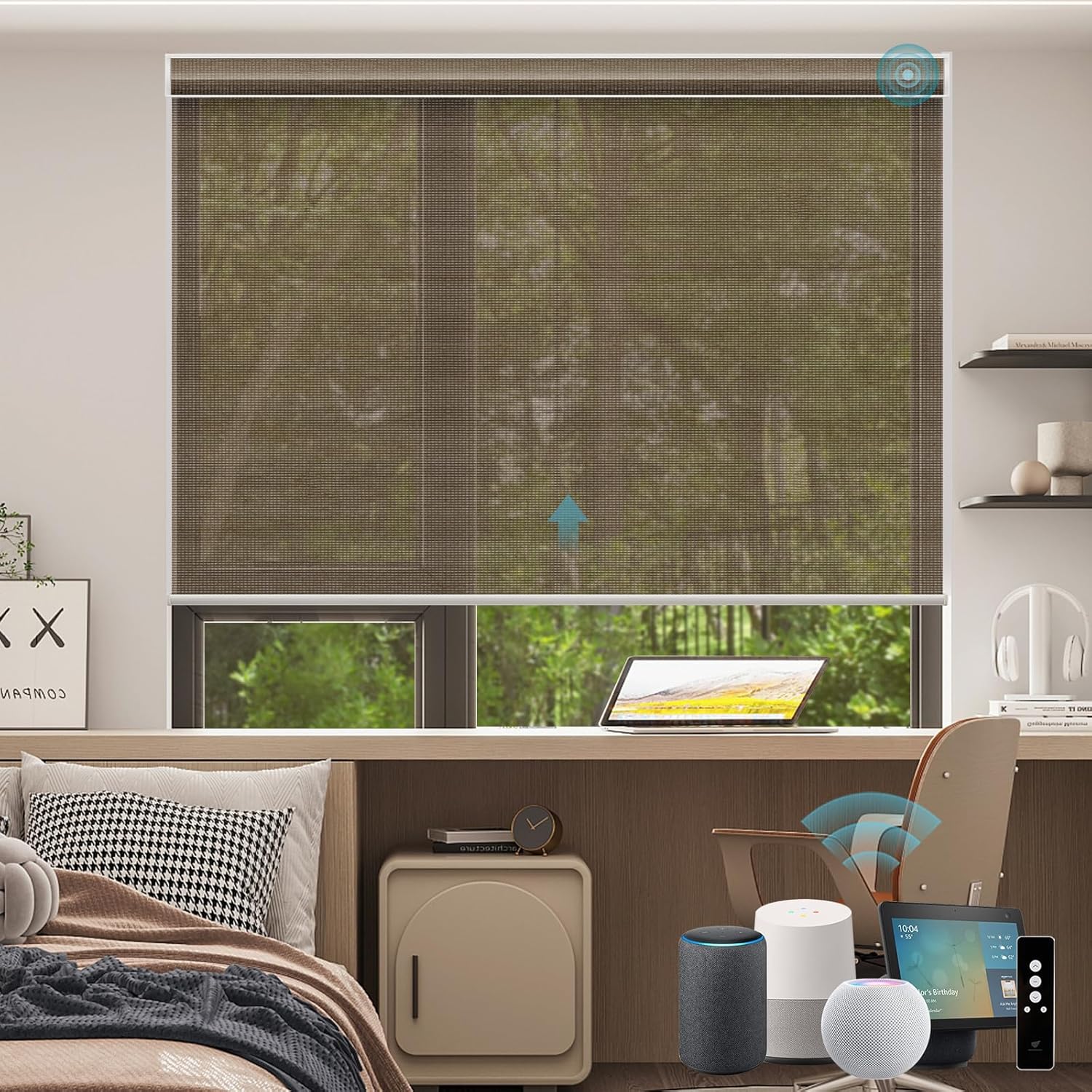 SmartWings Motorized Smart Blinds for Windows in Light Filtering, Electric Remote Roller Shades Compatible with Alexa/Google Home/Homekit, Custom Up to 110”W x 148”H, 5% Openness PVC Free Cocoa