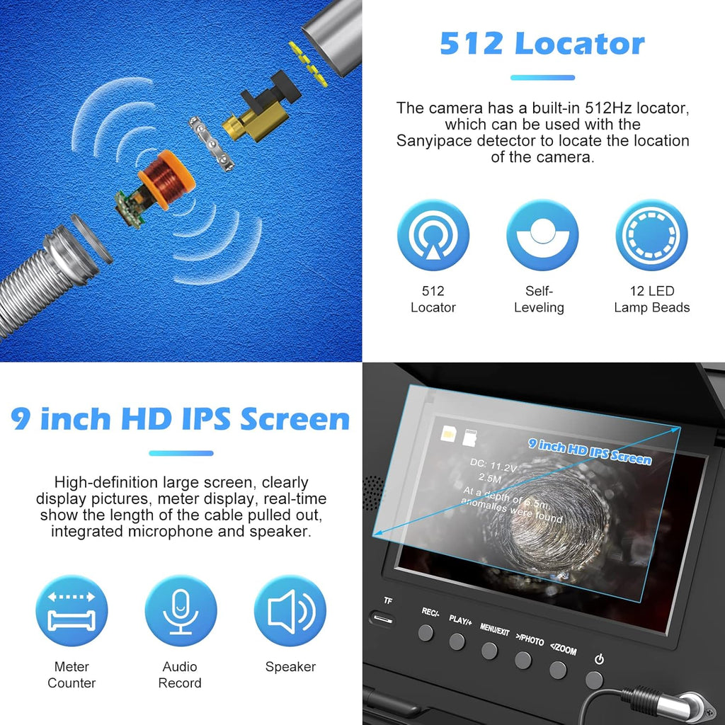Sanyipace Sewer Camera 131FT/40M with 512Hz Transmitter, Self-Leveling, Distance Counter, Plumbing Inspection Camera with Microphone Speaker Audio Video Record, 16GB TF Card, Pipe Pulley (7mm Cable)