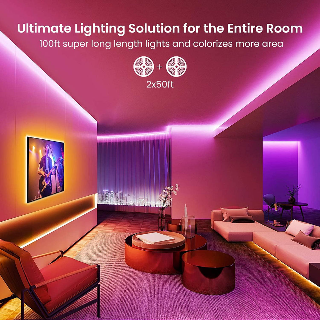 GUPUP Smart WiFi Led Lights 100 ft, Compatible with Alexa and Google Assistant Devices, Voice Control, Music Sync Color Changing Strip Lighting, App&Remote Controlled Indoor Light for Bedroom, Party