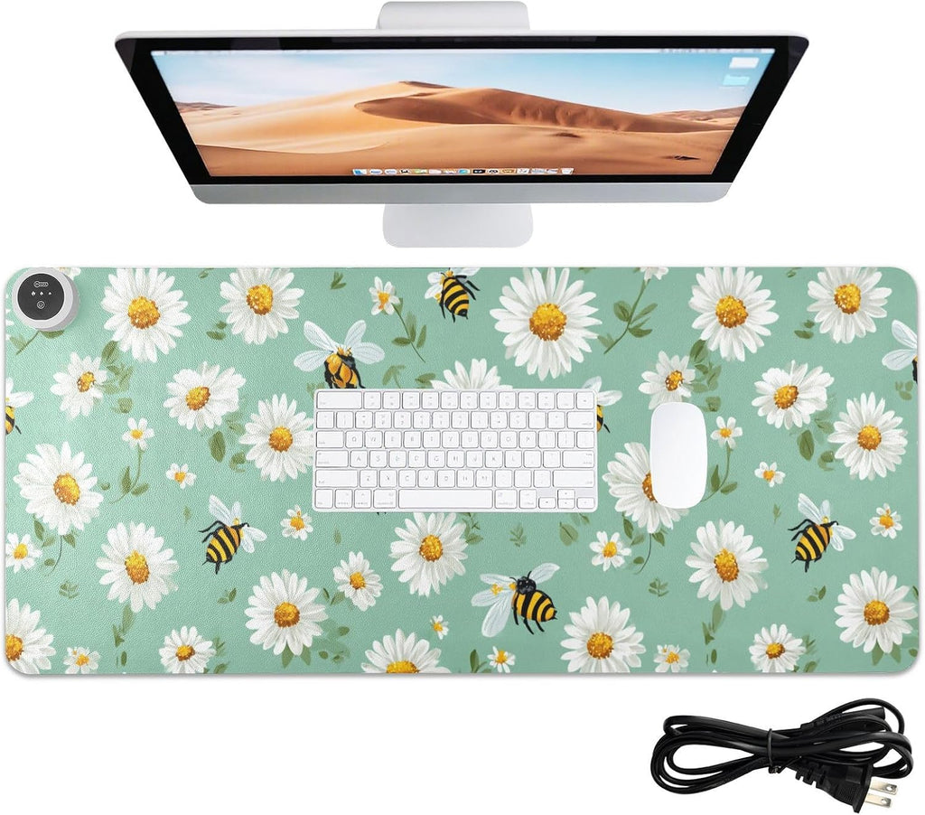 Heated Desk Pad Mouse Pad 31.5x13 Inch PU Leather Desk Mat with 3 Heat Levels Large Mouse Gaming Computer Laptop Mat Mint Green Daisy Flowers and Bees