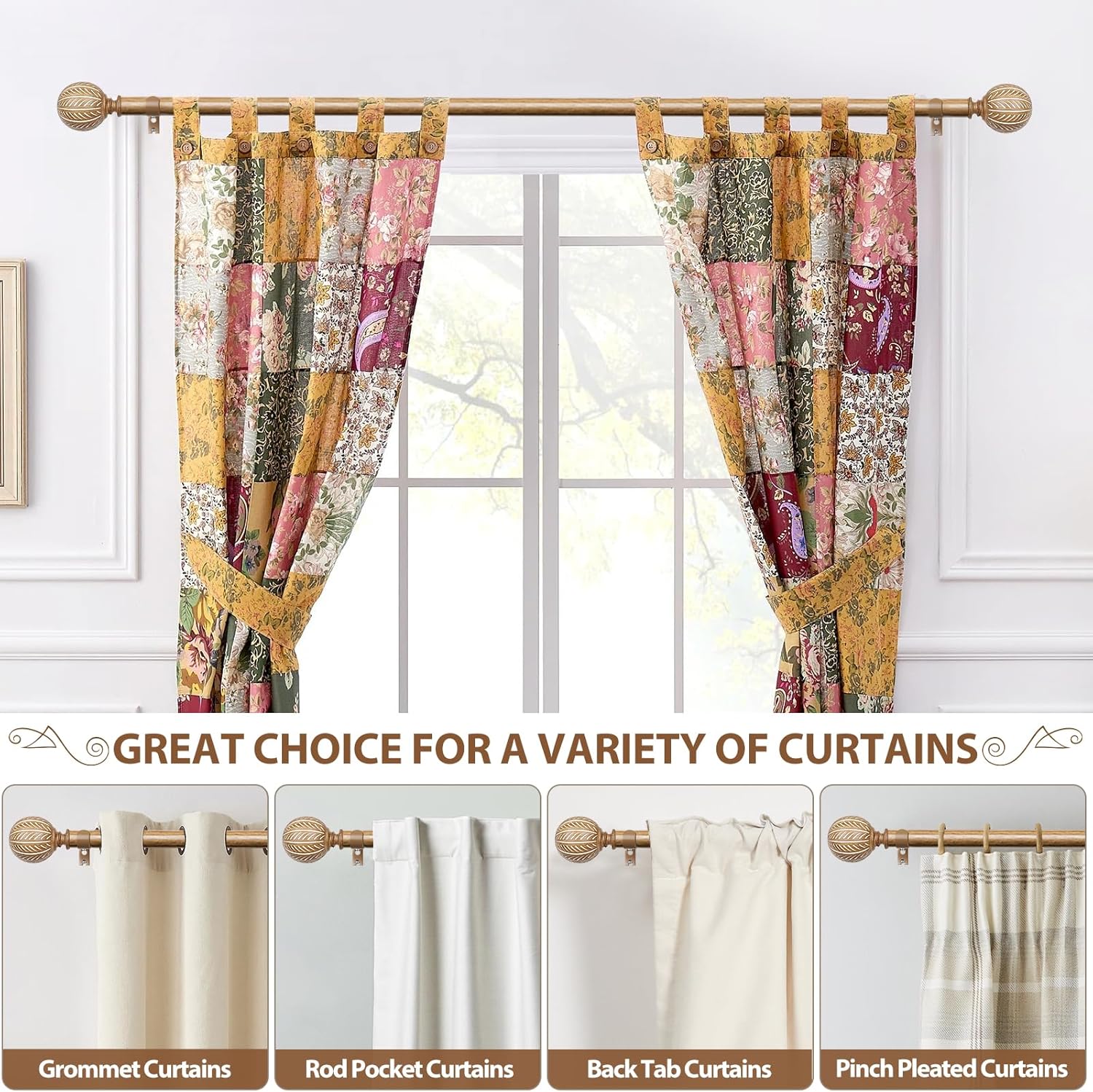KAMANINA 2 Pack Wood Curtain Rods for Windows 48 to 84 Inch(4-7ft), 1 Inch Adjustable Drapery Rod, Decorative Heavy Duty Curtain Rods with Leaf Pattern Finials, Wood Grain