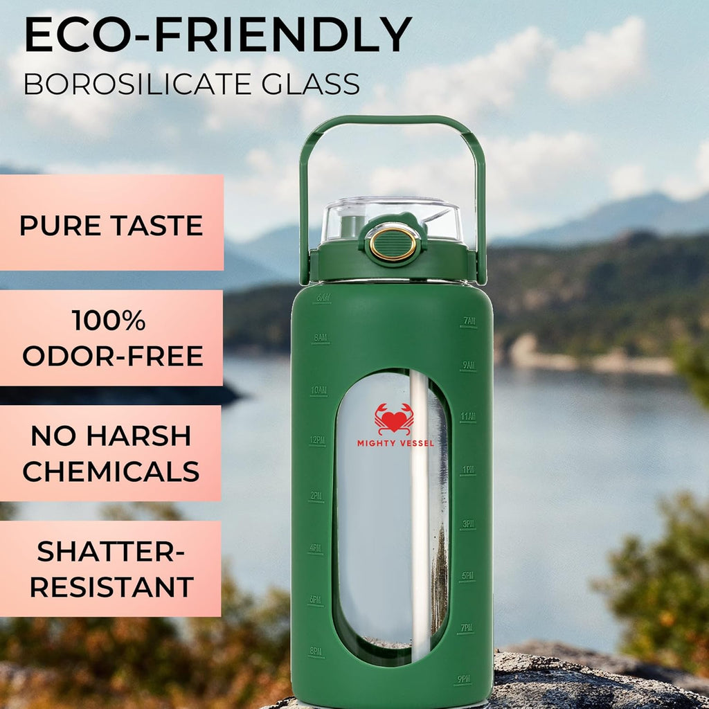 64 oz Glass Water Bottle – Olive Green | Leakproof Borosilicate Glass Jug with Straw, Time Marker & Silicone Sleeve – Hydration for Gym, Sports, Daily Use