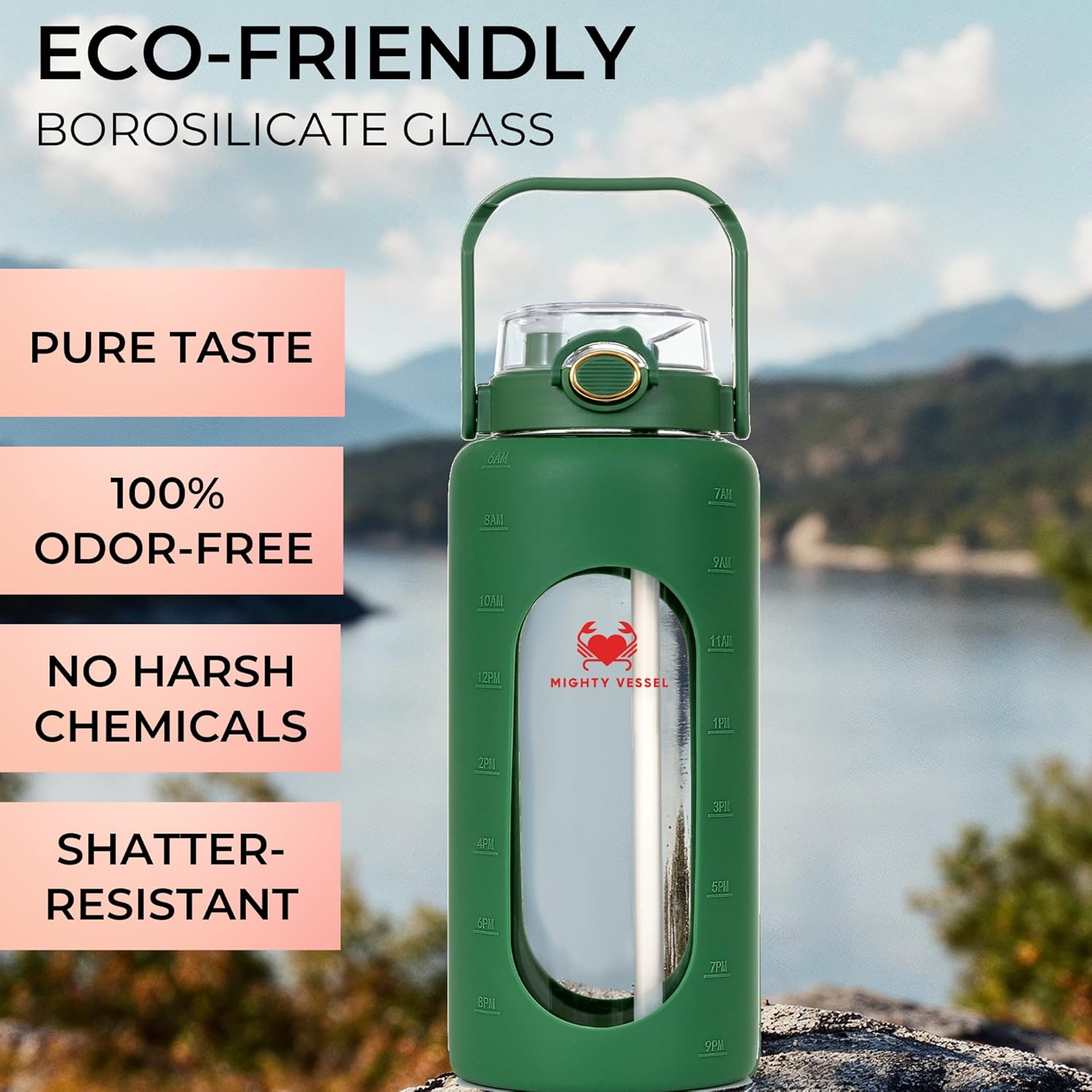 64 oz Glass Water Bottle – Olive Green | Leakproof Borosilicate Glass Jug with Straw, Time Marker & Silicone Sleeve – Hydration for Gym, Sports, Daily Use