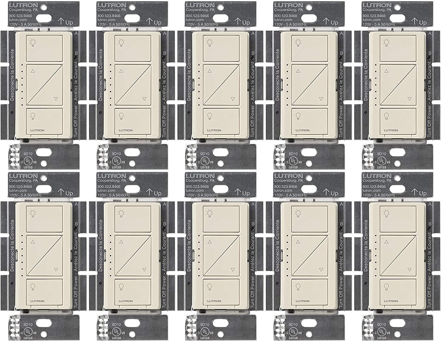 Lutron Caseta Original Smart Dimmer Switch (Lutron Smart Hub Required), for LED Lights, 150 Watt, Single-Pole/3-Way, No Neutral Required, PD-6WCL-LA, Light Almond, 10 Pack