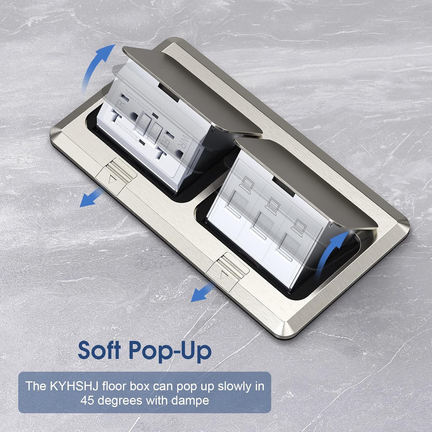 KYHSHJ Dual Pop-Up Floor Electrical Outlet Box Kit，20 Amp Stainless Steel GFCI TR Receptacle Outlet，3-Port RJ45 Datacom Receptacle，Waterproof Gasket with IP44 Waterproof Rating, Stainless Steel Color