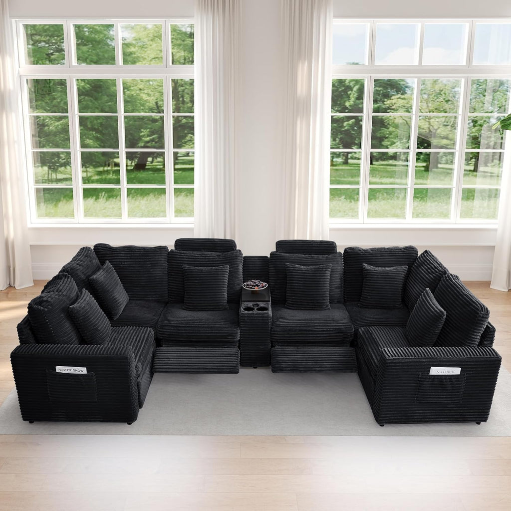 LEVNARY Modular Sofa Armrest Set of 2 with Side Storage Pockets, Faux Rabbit Fur Upholstered Arm Panels, Compatible with Modular Recliner System (Black)