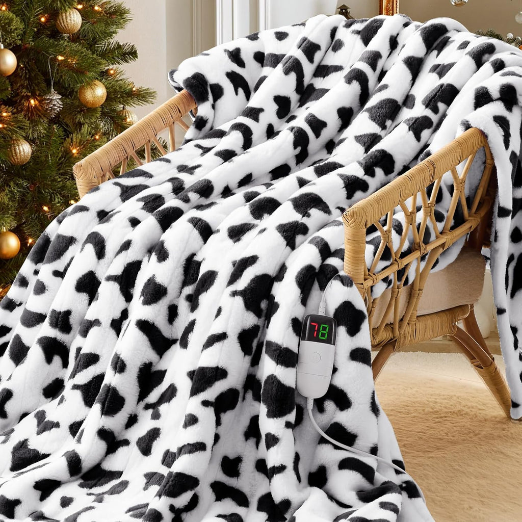 Black Heated Electric Blanket Throw,50X60 Cow Print Heating Blanket with 10 Heats Levels & 8 Hours Auto Off,Cute Cow Decor Stuff Soft Fleece Sherpa Blankets Warmer Gifts for Women Washable