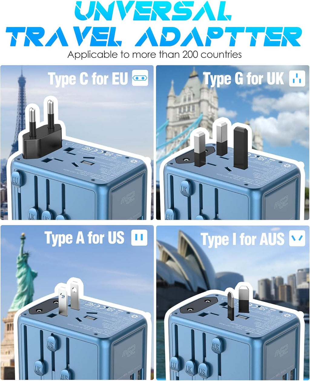 Universal Travel Adapter Offers 6.0A 3X 3.0A USB-C Ports, 2X 2.4A USB-A Ports and 2500W Multi AC Outlet, International Power Plug Adapter Worldwide Travel Charger for EU USA UK AUS (Blue)