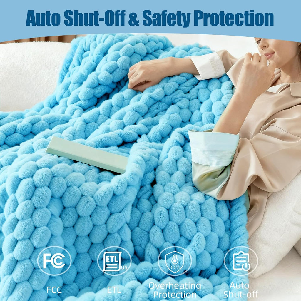 Electric Blanket 50" x 60" Soft Ribbed Faux Fur Flannel Quick Heat 12 Heat Levels 1-12 Hour Timer and Overheat Protection & Auto Shut Off & ETL FCC (Sky Blue, Throw 50" x 60")