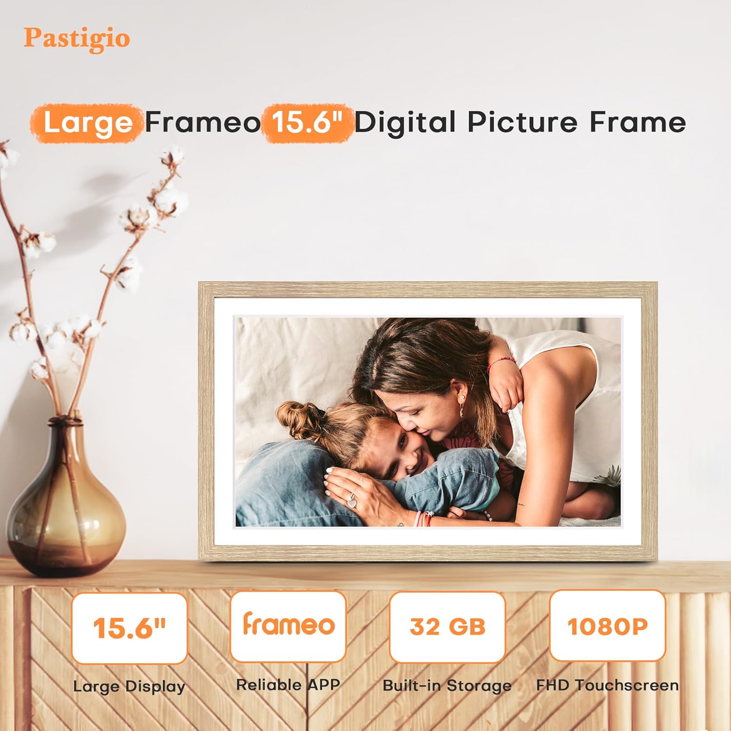 Digital Picture Frame Large, 15.6 Inch Digital Photo Frame Frameo, WiFi Electric Slideshow Frame, 1920*1080 IPS FHD Touchscreen, 32GB, Tabletop&Wall-Mounted, Share Video Picture, Gifts, Oyster White