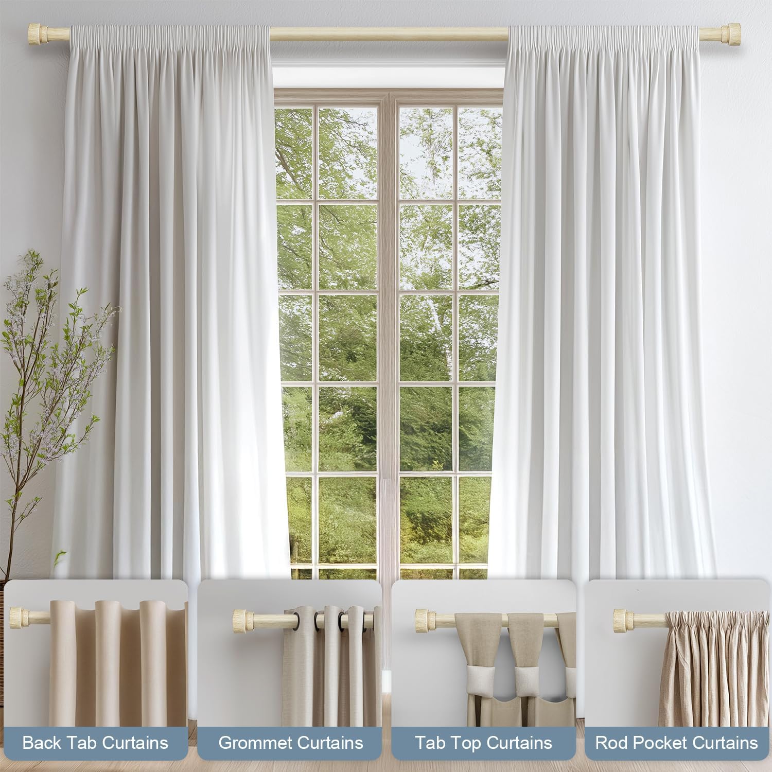 2 Pack White Oak Wood Grain Curtain Rods for Windows 66 to 120 Inches 1" Diameter Boho Decorative Heavy Duty Window Curtain Rod Adjustable with Solid Finials for Living Room Bedroom Kitchen Farmhouse