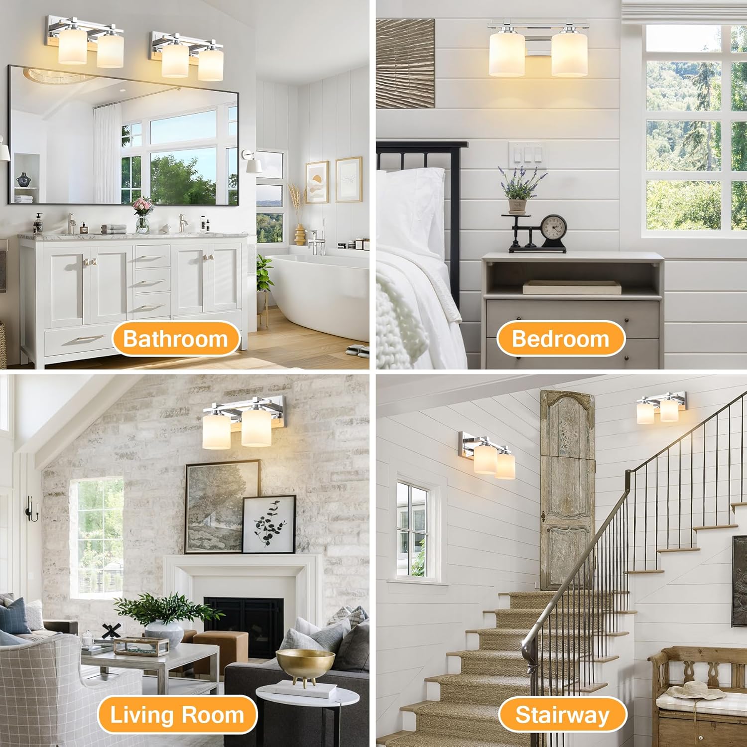 2 Light Modern Bathroom Light Fixtures Over Mirror, Chrome Vanity Lights for Bathroom Wall Sconces with Milky White Glass Shades, E26 Socket (Bulbs Not Included)